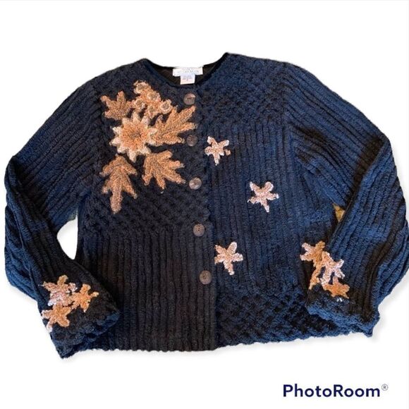 Vintage 80’s Sandy Starkman Chenille Button Up Black Embroidered Starfish Jacket - Picture 1 of 11